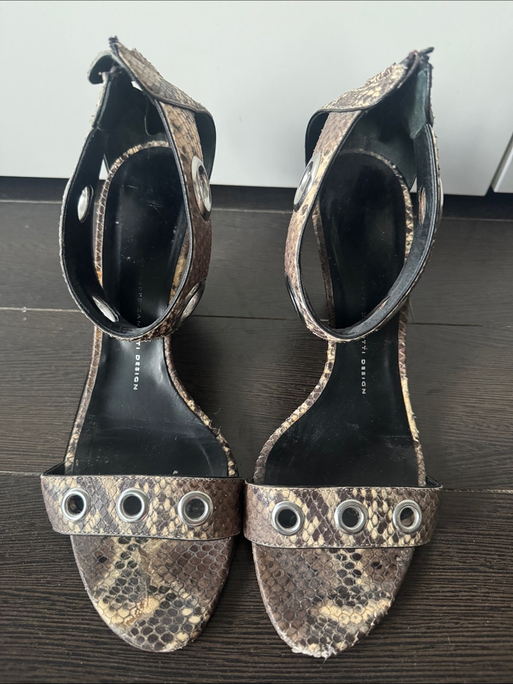 Giuseppe Zanotti Brown Snake-Print Ankle Strap Heels with Silver Grommets